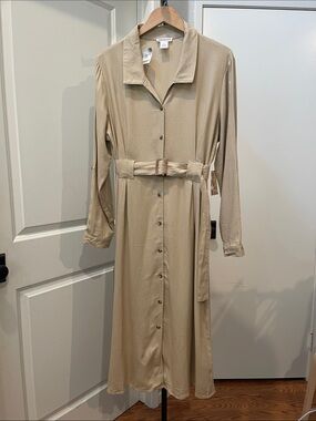 Ashley and Sage Beige Button-Front Belted Long Sleeve Shirt Dress